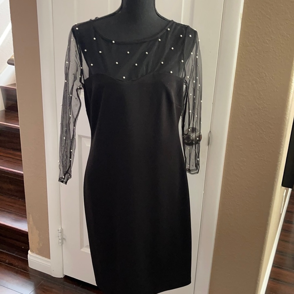 This is a karl  Lagerfeld Black  with sheer Top shear sleeves trimmed and pearls